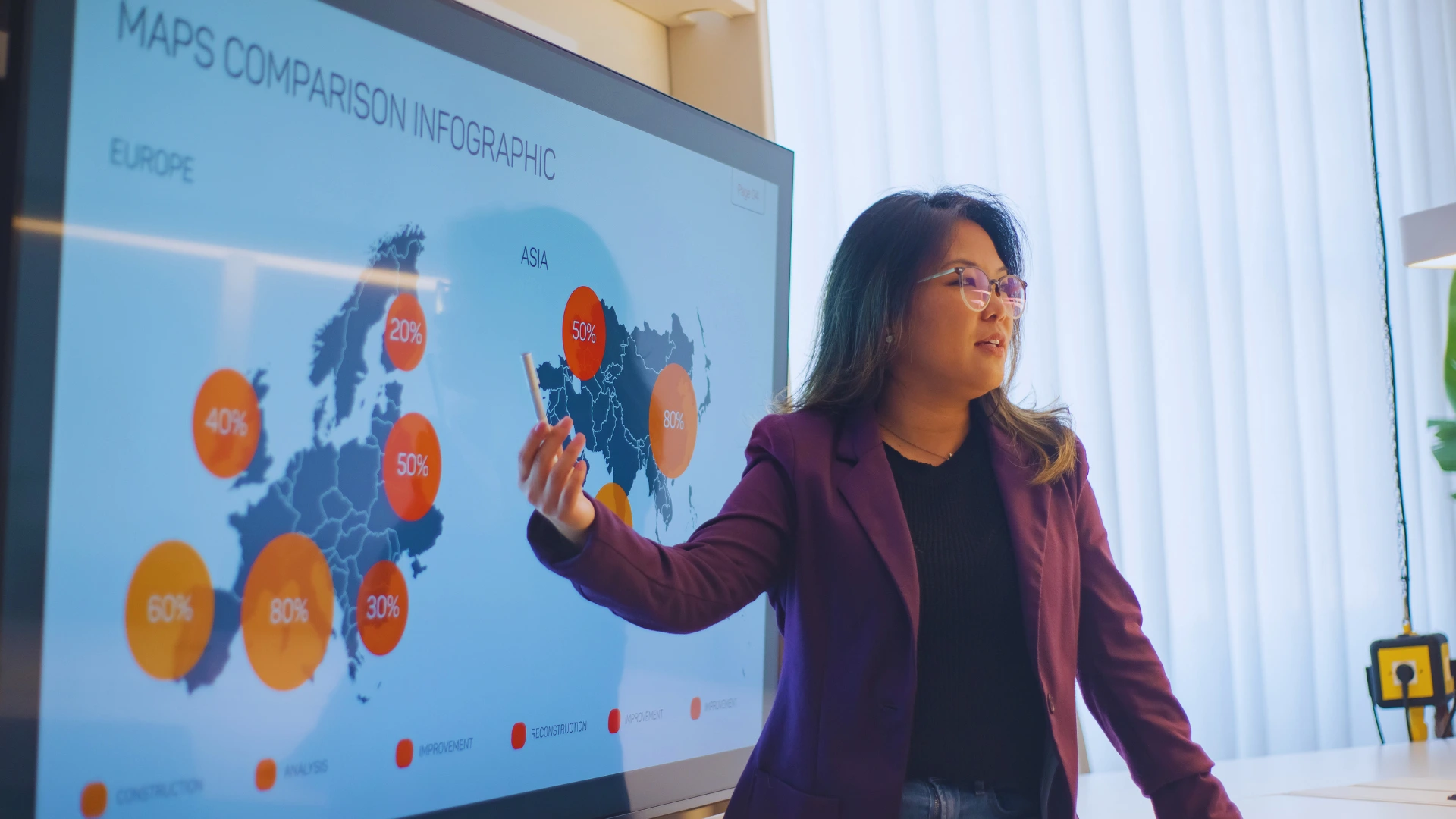 A woman in a purple blazer giving a business presentation, pointing with a stylus at a digital map infographic on a large screen. 