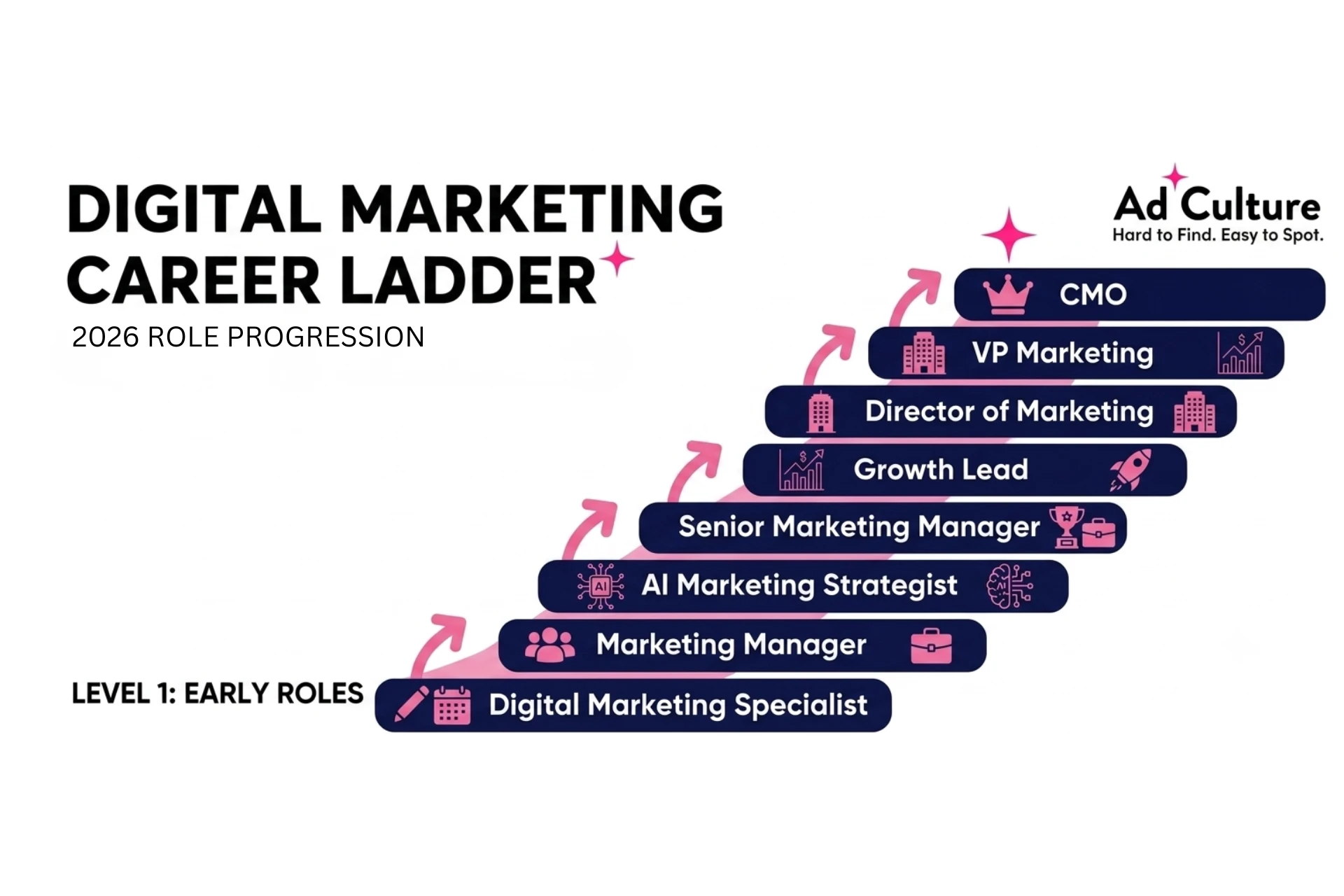 An infographic depicting an eight-step "Digital Marketing Career Ladder" from "Digital Marketing Specialist" to "CMO"