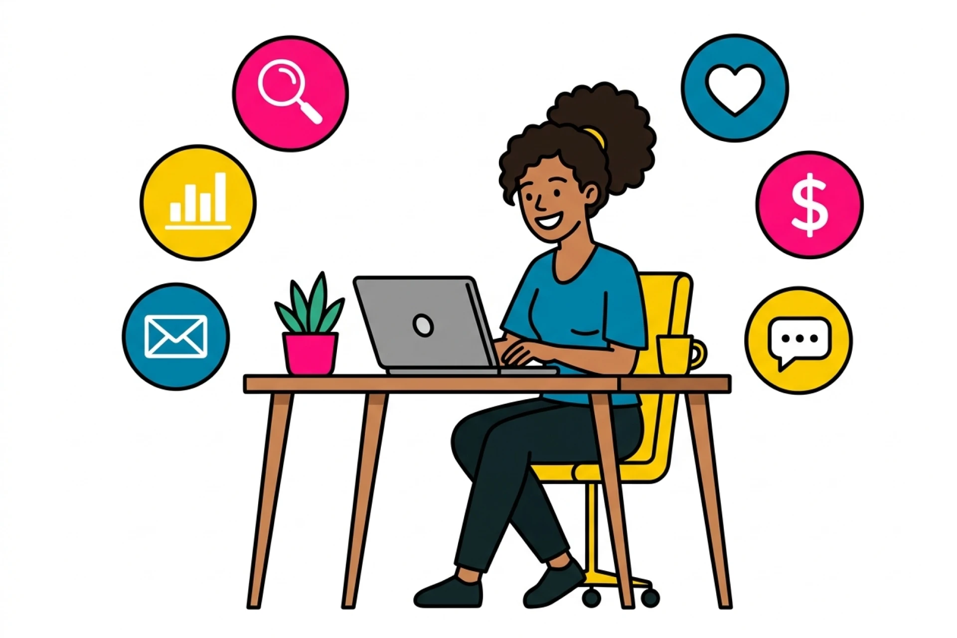 A graphic of a digital marketer sitting at a desk, smiling, looking at a laptop surrounded by floating icons