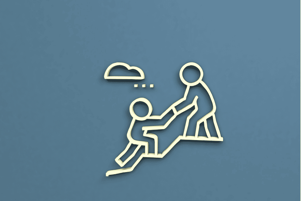  An illustration of one person helping another climb a few steps 