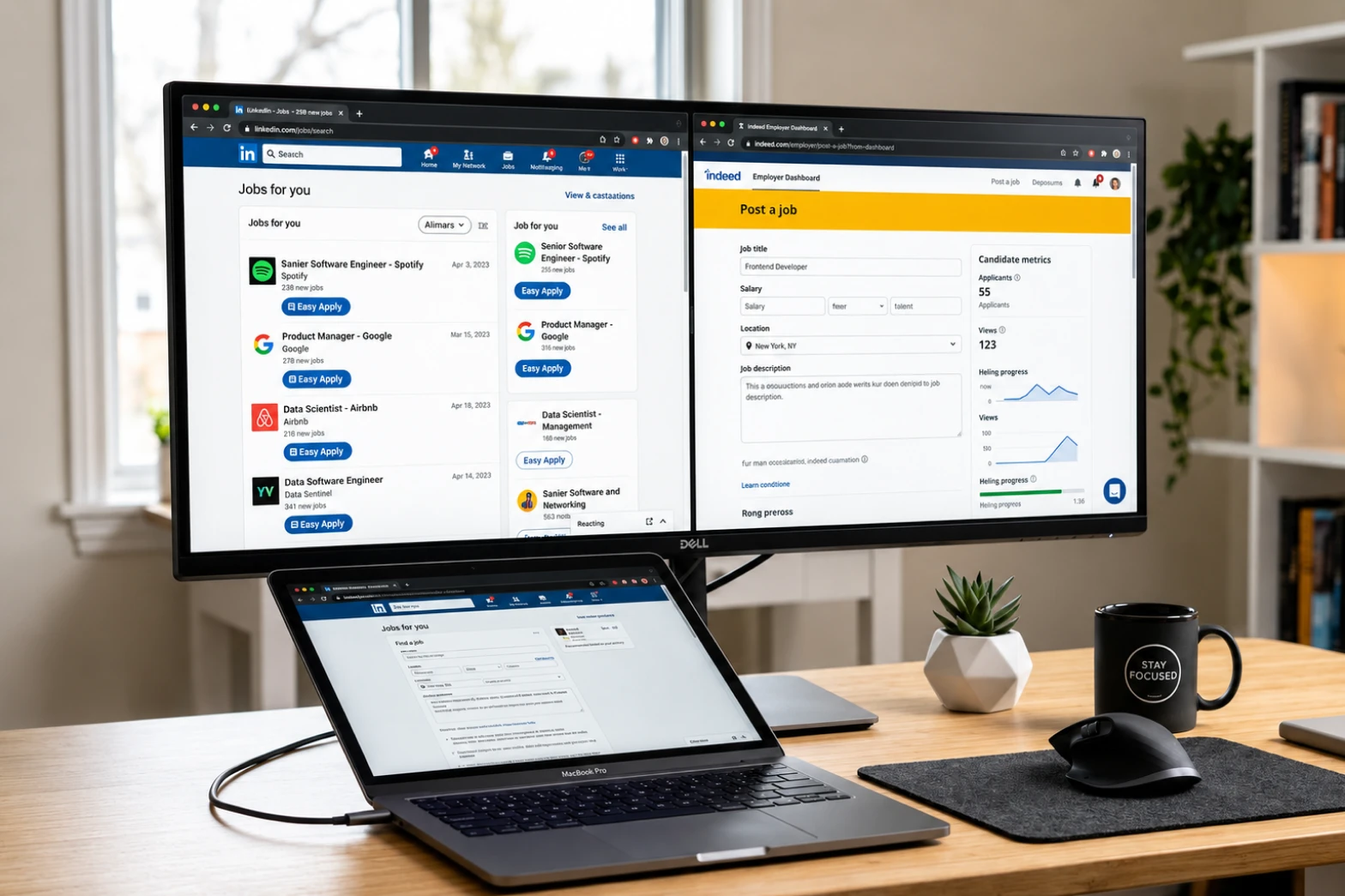 Monitor displaying LinkedIn and Indeed job posting dashboards side by side on a desk