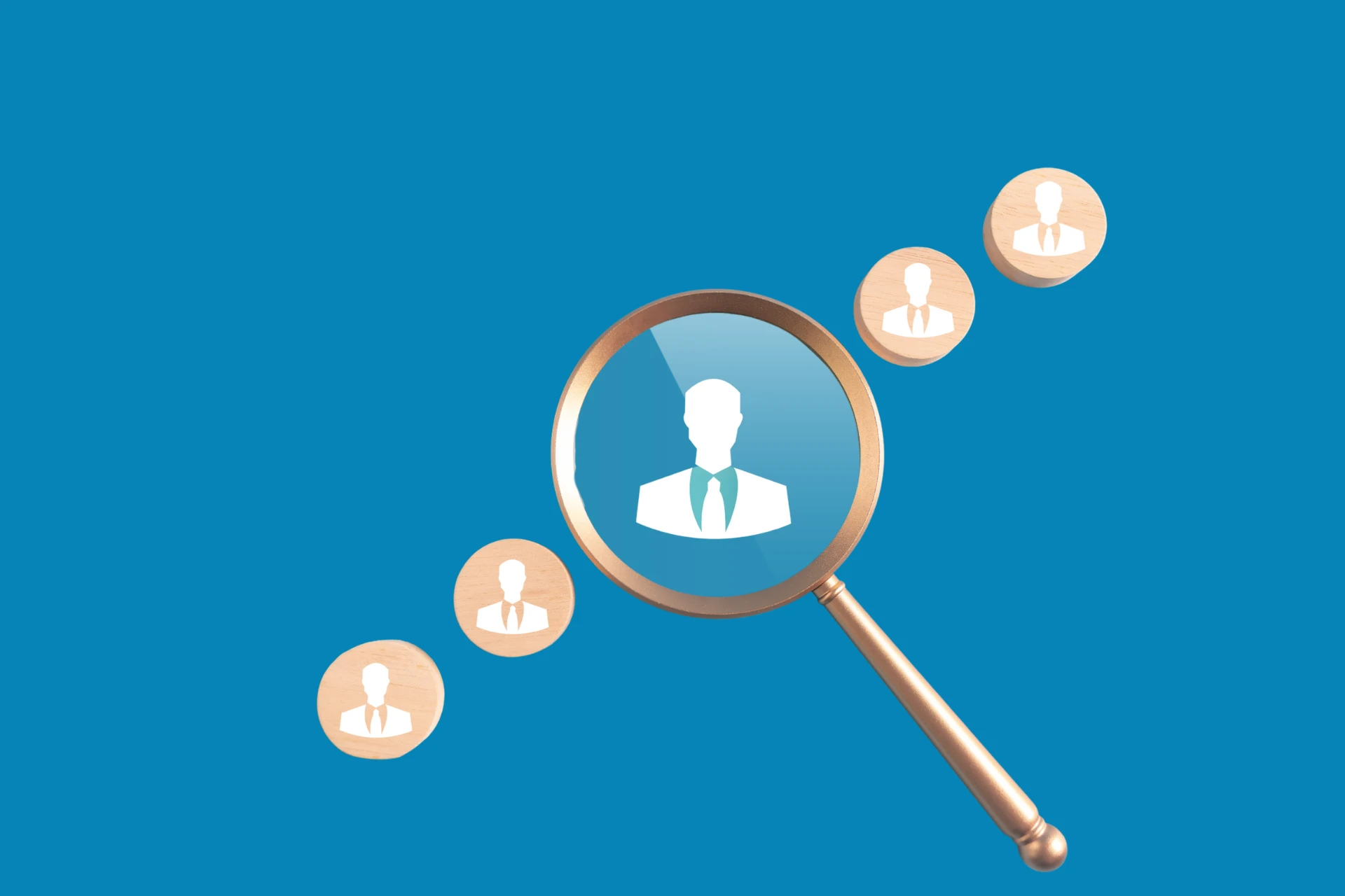 A magnifying glass is centered over a silhouette of a person, with other similar silhouettes arranged in a line