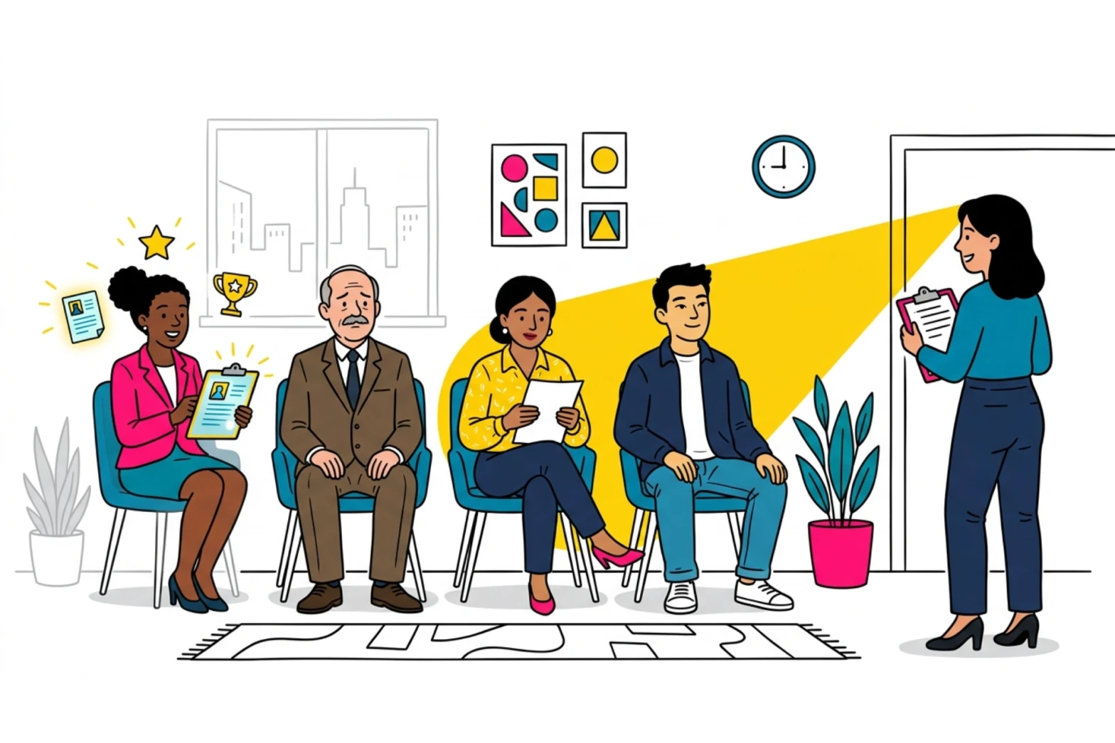 Four candidates sitting in a row; an interviewer’s yellow spotlight shines on the first candidate