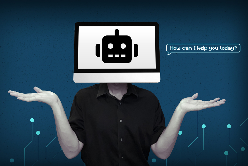A human with a computer screen head next to a chat bubble saying, “How can I help you today?” 