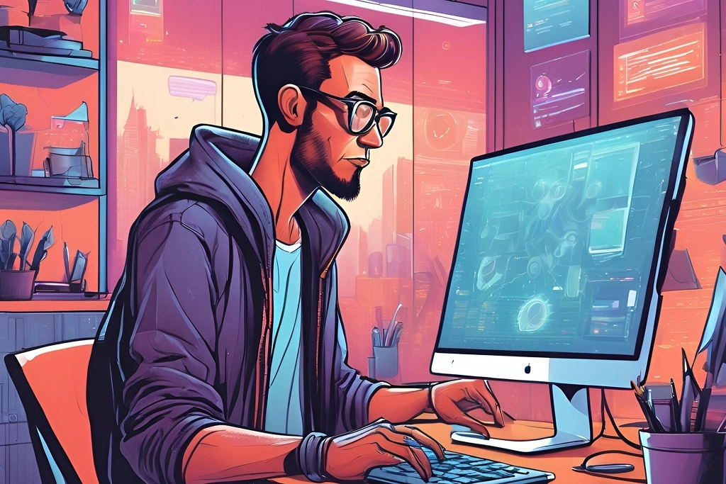 A digital marketer hard at work Photo generated by Canva AI, an example of AI and what it can do versus a human (at the moment)
