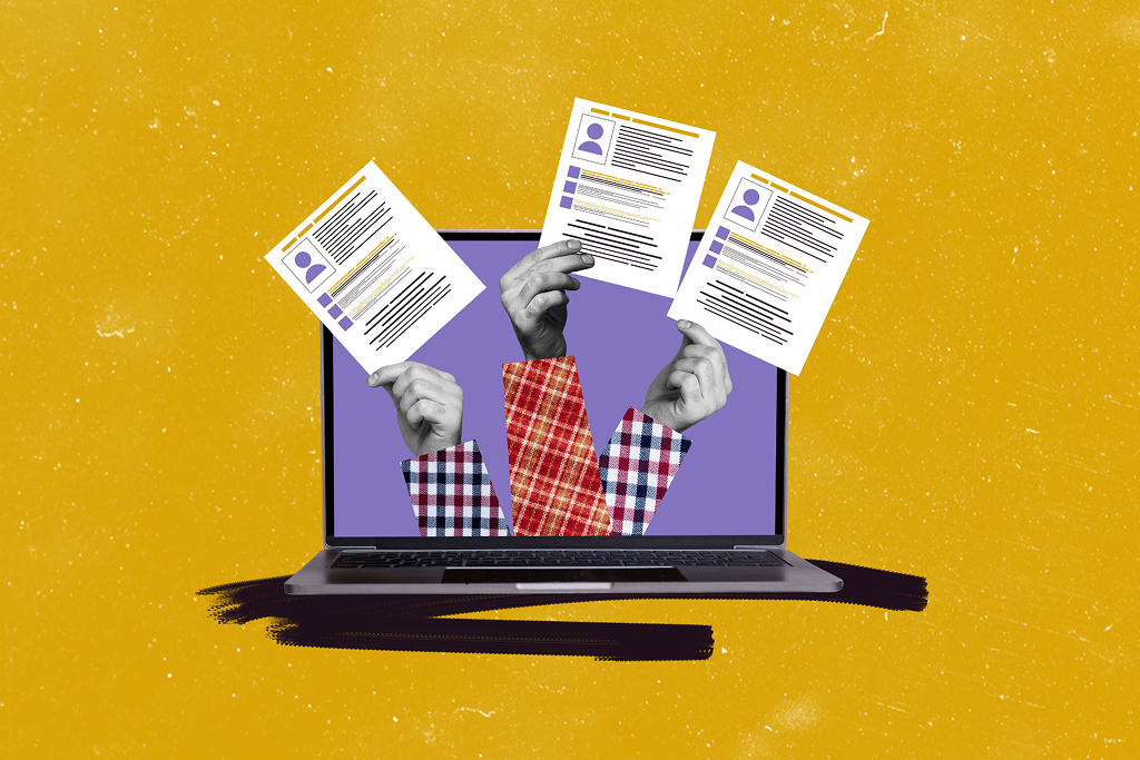 Composite collage of hands holding candidate resumes