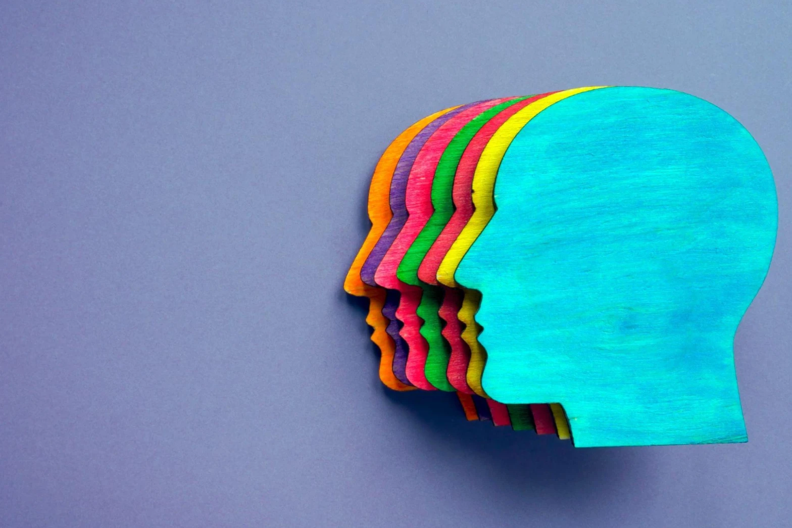 alternative text: Seven head-shaped cutouts in various colors symbolizing diversity and inclusion.