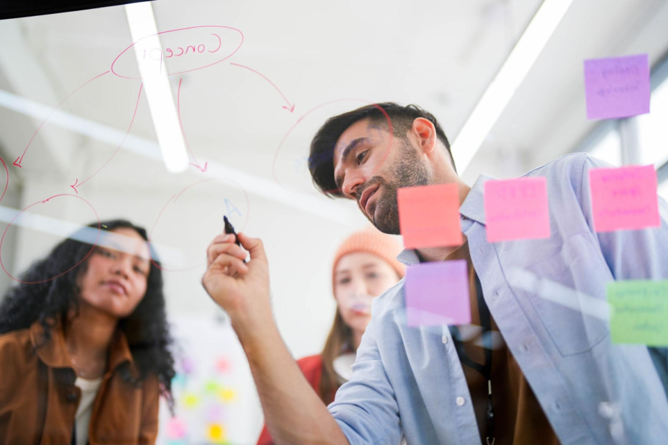 A group of coworkers having a dynamic brainstorming session.