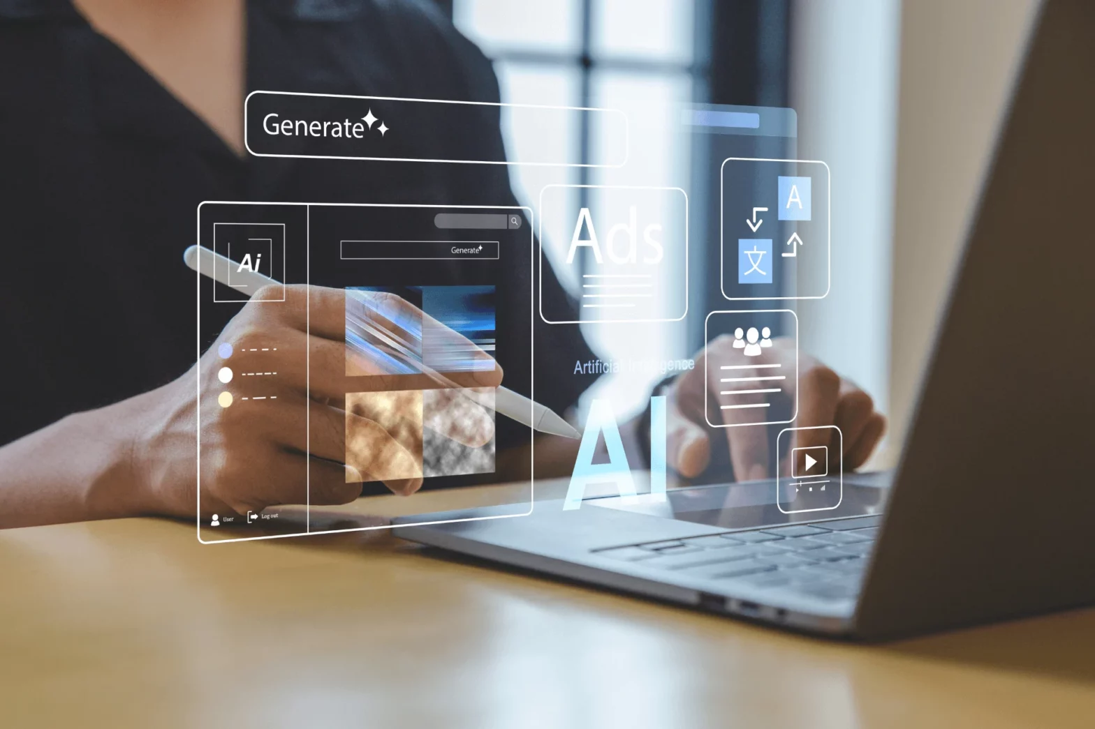 Young marketer using a laptop with AI assistance