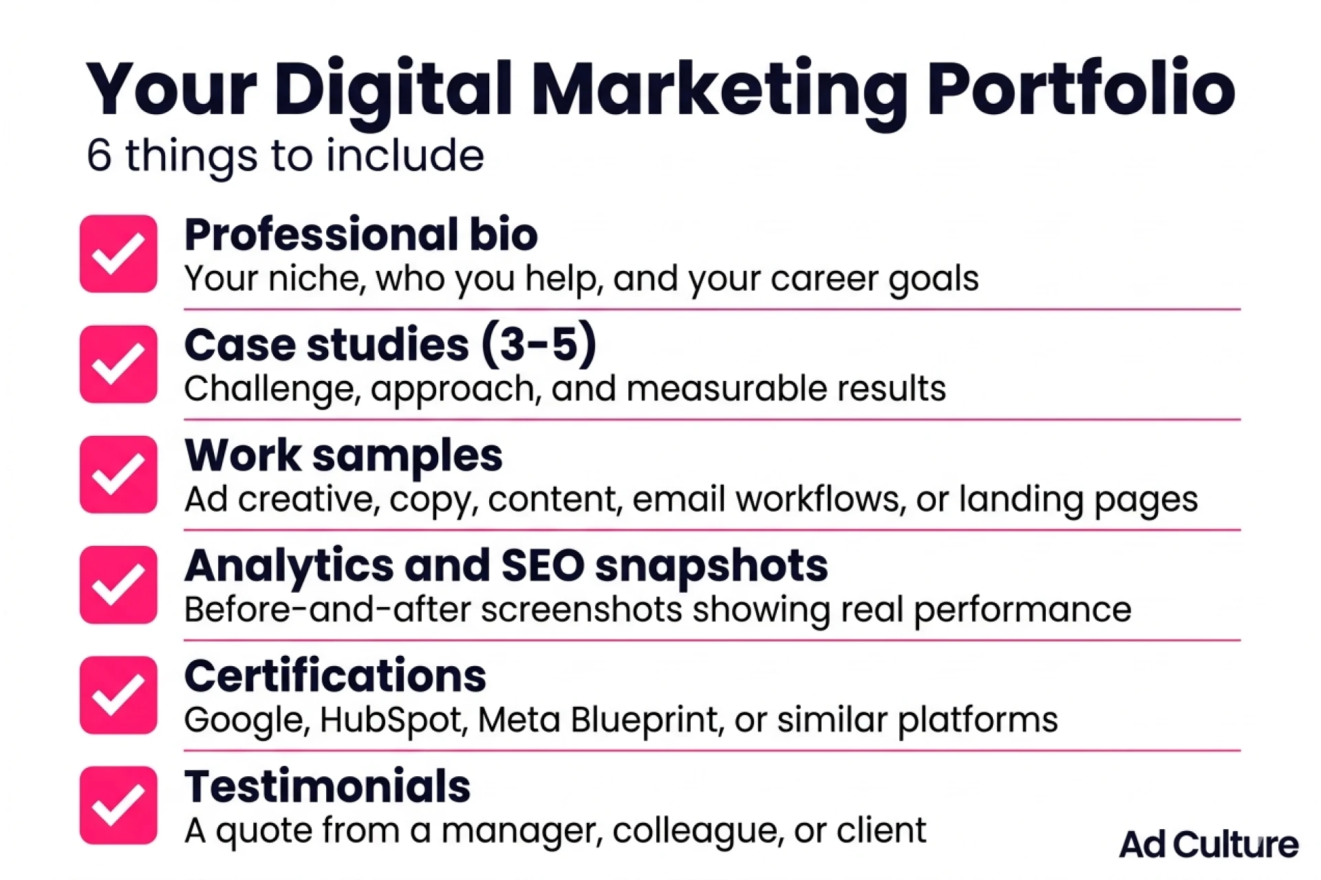 Digital marketing portfolio checklist of what to include