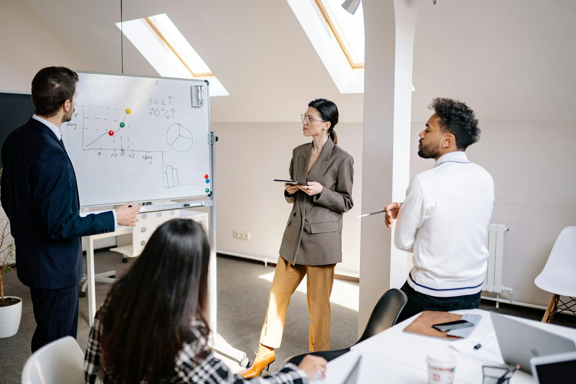 Four people looking at a demonstration for employee training in an office 
